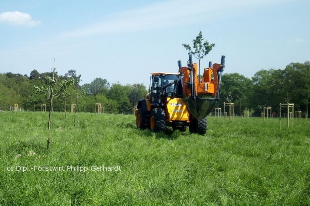 Landwirtschaftliche Maschine, die einen jungen Baum trägt