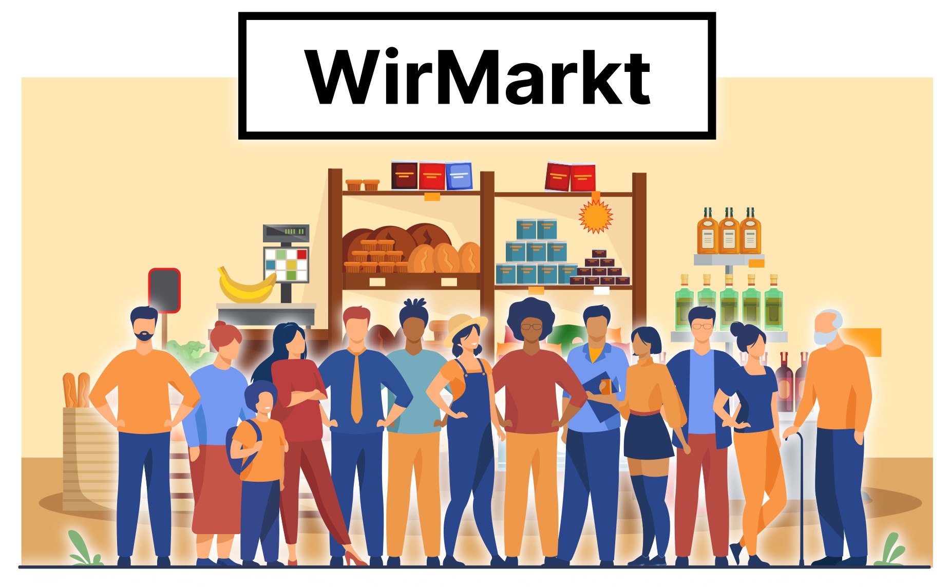 Illustration WirMarkt. Menschen in einem Supermarkt