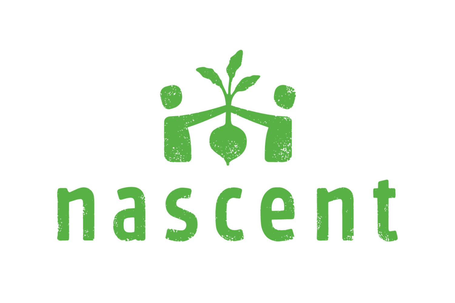 Logo nascent, grün auf weiß, zwei Figuren halten eine Pflanze hoch + Schriftzug 