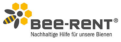 Logo von Bee-Rent, Schriftzug, Biene und Wabe 